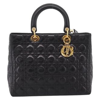 Dior Vintage Lady Dior Cannage Quilt Lambskin Black Leather Handbag (Pre-Owned)