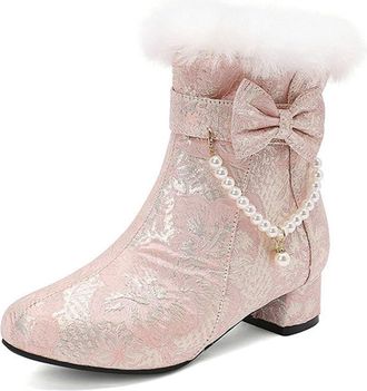 Generic Womens Embroidered Bowknot Decor Retro Snow Boots Round Toe Low Block Heel Comfort Lolita Short Booties with Zipper (7.5,Pink)