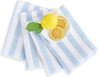 Solino Home Linen Dinner Napkins Set of 4, 20 x 20 Inch for Dining Table, Holiday and Everyday Table Decor - Sorrento Stripe in Blue And White at