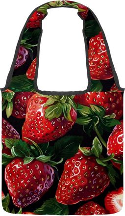 Generic Red Fresh Strawberry Reversible Canvas Shoulder Tote - Double-Sided Print, 12oz Cotton, 27cm Drop, Fold-Flat Bag for Travel, Shopping, Street Outings