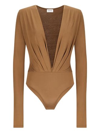 Andamane Zelda plunging-neckline long-sleeve bodysuit - women - Viscose/Elastane - L - Brown