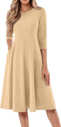 Generic Womens A-Line 3/4 Sleeve Midi Casual Dresses Solid Color Crew Neck Work Dress for Women with Pockets UK,Linen Dresses for Women Flowy Summer UK Croche