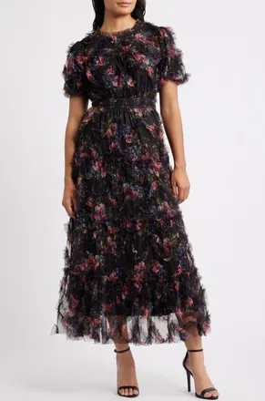 ZOE AND CLAIRE Floral Print Ruffle Mesh Maxi Dress in Black Multi at Nordstrom, Size X-Small