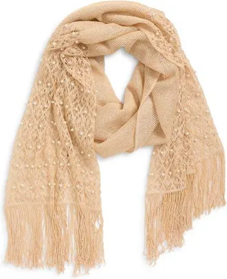 Tasha Mesh Scarf with Fringe & Pearl Beads in Blush at Nordstrom