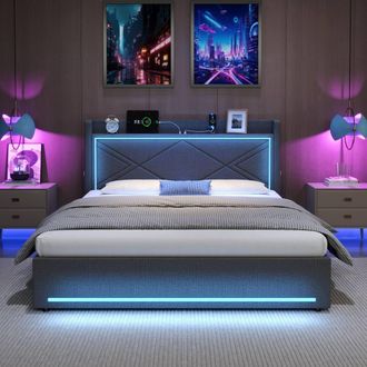 Merax Grey Upholstered Hydraulic Storage Bed with LED & Charging Station | Size: Double