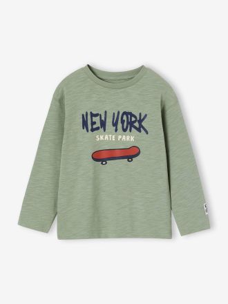 Vertbaudet Jungen Langarmshirt mit Flockprint und Recycling-Baumwolle salbeigr&uuml;n