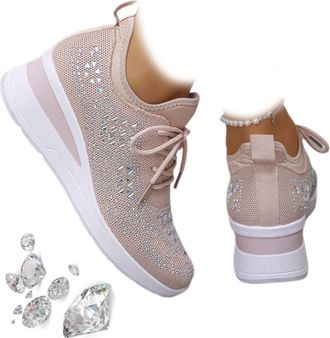 Generic Womens Glittery Rhinestone Fashion Breathable Wedge Sneakers, Sparkly Bling Wedding Dressy Tennis Shoes for Bride, Orthopedic Wedge Sneakers (Pink,3.5
