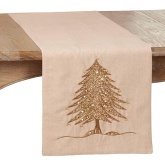 Saro Lifestyle Beaded Christmas Tree Design Runner In Sand