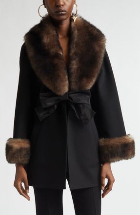 Valentino Genuine Shearling Trim Compact Wool & Cashmere Coat in Black at Nordstrom, Size 6 Us