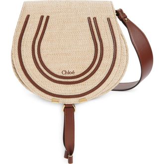 Chlo&eacute; Medium Marcie Faux Raffia & Leather Saddle Bag in Hot Sand at Nordstrom