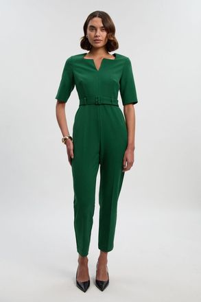 Karen Millen Womens Structured Crepe Forever Notch Neck Belted Tailored Jumpsuit - Dark Green - Size 12 UK