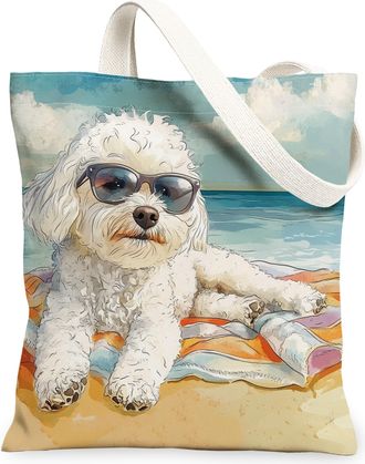 Generic Summer Boston Terrier Dog Canvas Tote Bag for Shopping 13x15, Watercolor Beach Coastal Puppy Reusable Grocery Print Bag for Women, Beachy Pet Beach Ae