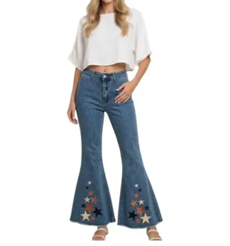Peach Love California Star Print Bell Bottom Jeans In Blue