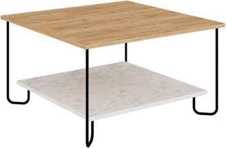 Calicosy Mesa baja cuadrada con patas de metal L80 cm - Efecto Roble y Blanco