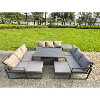 Fimous Fimous Aluminum Outdoor Patio Furniture Set Modern Patio Conversation Sets with Adjustable Rising Lifting Dining Table Big Footstool Side Table Dark