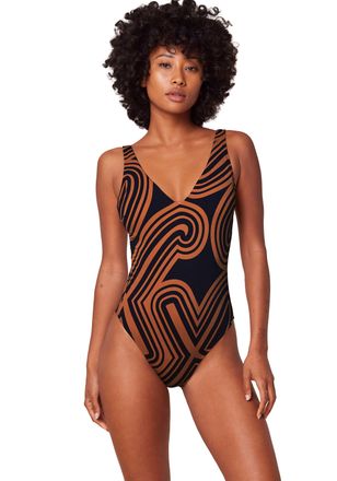 Triumph Badeanzug TRIUMPH Flex Smart Summer, Damen, Gr. 1, N-Gr, braun (braun, schwarz combination), Microfaser, Elasthan, Recycling-Polyamid, bedruckt, mehrf