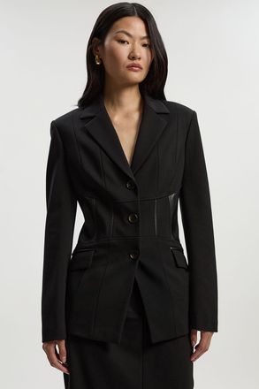 Karen Millen Womens Ponte And Pu Mix Waist Seam Detail Tailored Single Breasted Blazer - Black viscose - Size 12 UK