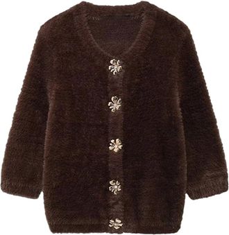 Generic Womens Fleece Jacket Single-Breasted Retro Crewneck 3/4 Sleeve Solid Color Loose Outwear Coffee L(0810)