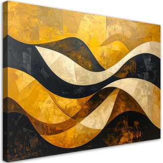 Feeby Cuadro En Lienzo, Abstracci&oacute;n L&iacute;neas Formas Amarillo Negro Dorado, 120x80