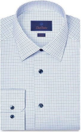 David Donahue Trim Fit Microcheck Stretch Cotton Twill Dress Shirt in White/Blue at Nordstrom, Size 17.5 - 32