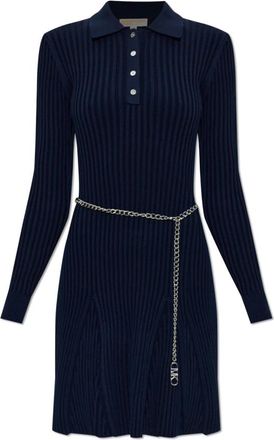 Michael Kors Ribgebreide Viscose Polo Jurk met Riem - Dames - Kleedjes - Blauw - S - Leer - Kleedjes