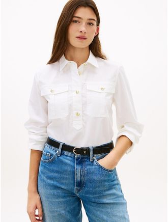 Tommy Hilfiger Womens Relaxed Fit Gold-Button Poplin Shirt - White - XXL