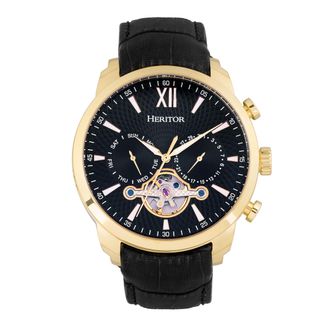 Heritor Mens Arthur Semi-Skeleton Leather-Band Watch w/ Day/Date - Black/Gold Stainless Steel - One Size