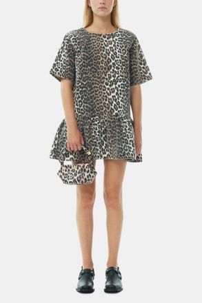 Ganni Mixed Leopard Open-back Mini Denim Dress - Size 36 Organic Cotton