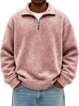 Generic Quarter Zip Up Sweatshirts Fleece Jacket Mens Thermal Loose Fit Pullover Stand Collar Shirts Fashion Casual Sweatshirt Winter Warm Sweaters 1/4 Zipper