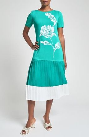 Ming Wang Modern Fit Mixed Media Pleated Midi Dress in Emerald Awe/White at Nordstrom Rack, Size Xx-Small