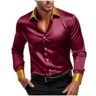 Generic Mens Shirts Vintage Casual Solid Color Dancing Party Button Down Shirt Fashion Turn Down Collar Long Sleeve Shirt Comfortable Feasting Celebrating Lap