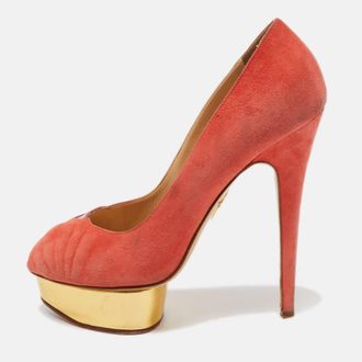 Charlotte Olympia Coral Pink Suede Peep Toe Platform Pumps