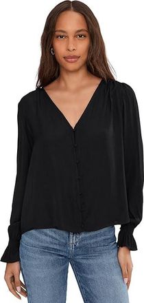 Liverpool L.A. Long Sleeve Button Front Woven Top With Smocking Womens Clothing Black : XL, Polyester