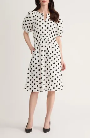 Kasper Polka Dot Puff Sleeve Stretch Cotton Dress in Lily White/Black at Nordstrom, Size 12