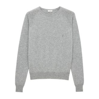 Saint Laurent Cashmere Knitwear, male, Gray, Size: XL Cashmere Crew Neck Sweater with Logo
