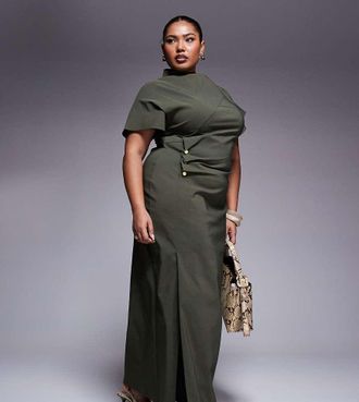 Asos Curve ASOS DESIGN Curve ruched waist bengaline midi dress in khaki green