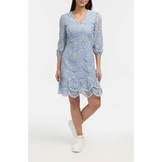 Ellen Tracy Embroidered Eyelet V-Neck Minidress in Blue at Nordstrom Rack, Size Medium