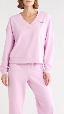 DKNY Metallic Logo V-Neck French Terry Sweatshirt in Pink Lavender at Nordstrom Rack, Size X-Small