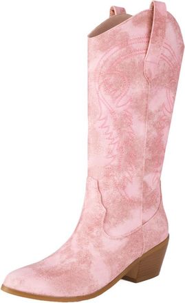 Generic Womens Western Knee-High Boots Faux Leather With Embroidered Detail Pointed Toe Wedge Heels Varied Color Finishes Soft Inner Lining Durable Non-Slip O