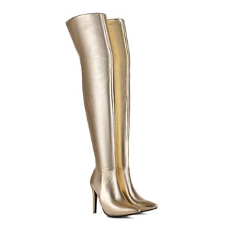 Generic Gold,7.5 UK,Womens Pointed Toe Over The Knee Thigh High Boots Stiletto High Heel Patent Leather PU Side Zipper Fall Boots Dress Shoes for Wedding Part