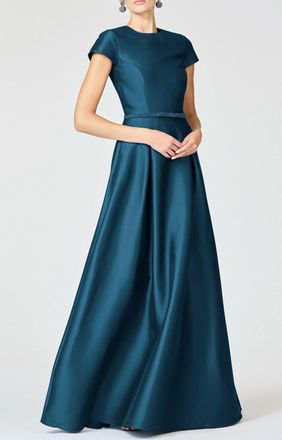Sachin & Babi Blythe Box Pleat Belt Gown In Bottle Green
