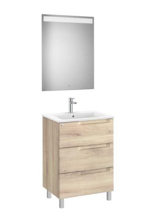 Roca Mueble Lavabo 600mm Aleyda Con Patas 3 Cajones + Espejo Beige Madera