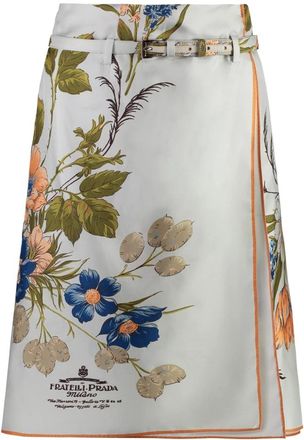 Prada Zijden Rok met Genziana Print - Dames - Midirokken - Veelkleurig - S - Rokken