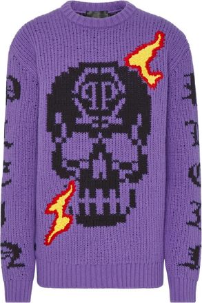 Philipp Plein Round Neck Pullover LS Skull - Dames - Ronde hals truien - Paars - XS - Wol - Truien & Vesten
