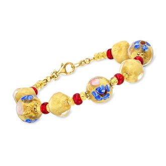 Ross-Simons Italian Multicolored Murano Glass Floral Bead Bracelet With 18kt Gold Over Sterling
