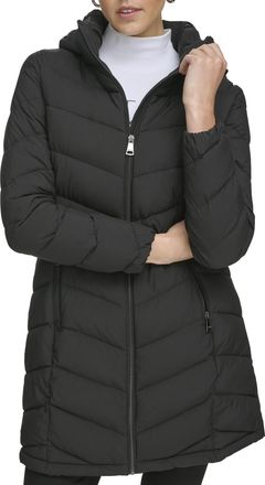 Calvin Klein Womens Light-Weight Hooded Puffer Jacket Down Coat, Ebony, L