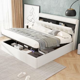 Matteo Upholstered King Bed with Hydraulic Storage, Concealed Headboard in Cream | Size: Double