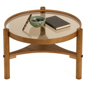 Dmora Mesa De Centro Canterano, Un Compartimento, Tapa De Vidrio Templado, Forma Redonda, 100x100x46h Cm Marr&oacute;n Nogal