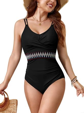SHEKINI Women Twist Front One Piece Swimsuits Vintage Stripes V Neck Swimming Costume Lace Up Double Straps Tummy Control Bathing Suits
