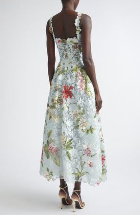 Oscar De La Renta Dominican Floral Print Guipure Lace Bustier Cocktail Dress in Saltwater Multi at Nordstrom, Size 8